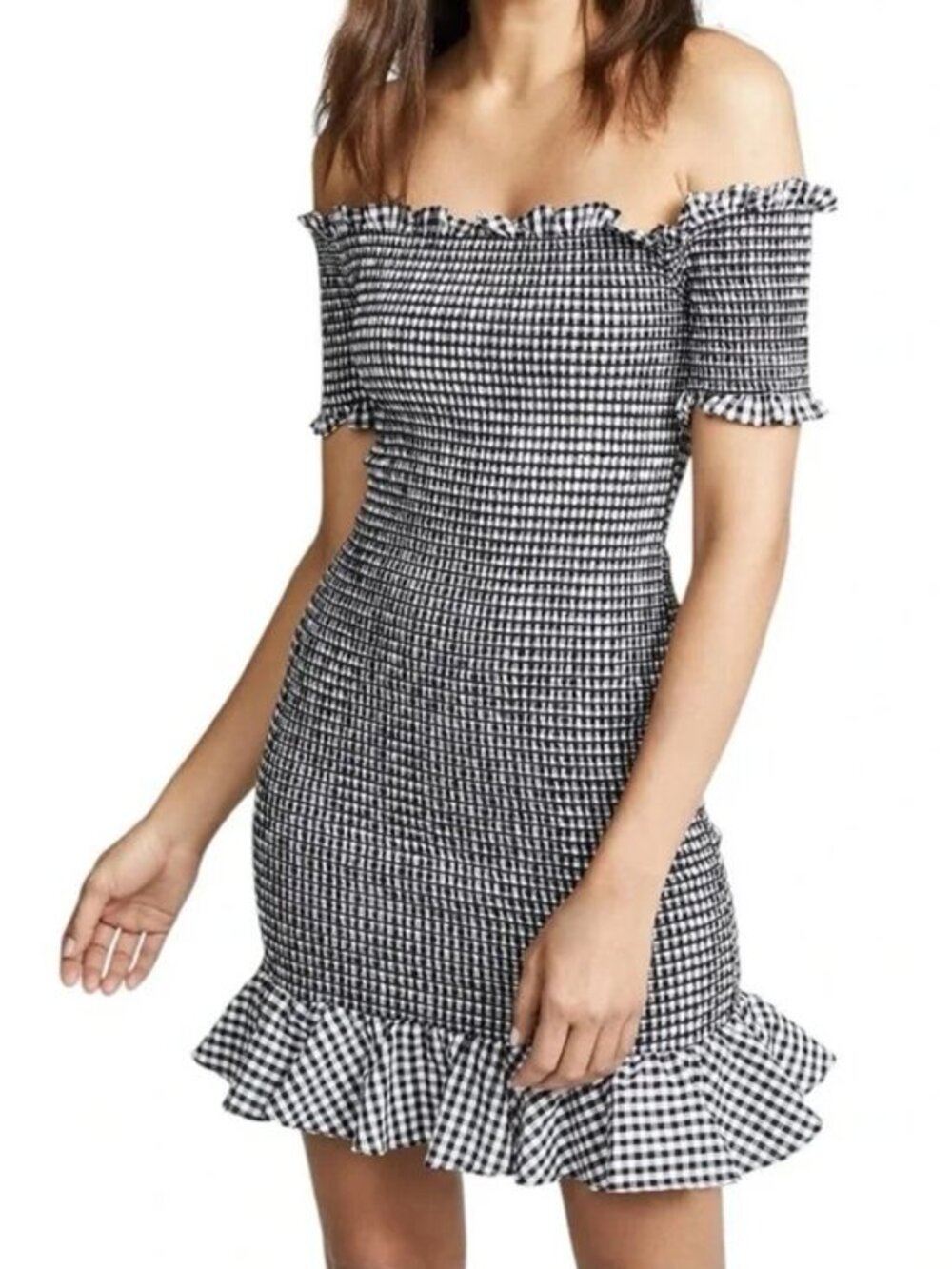 WAYF Scafati Gingham Off Shoulder Mini Dress Black White XS